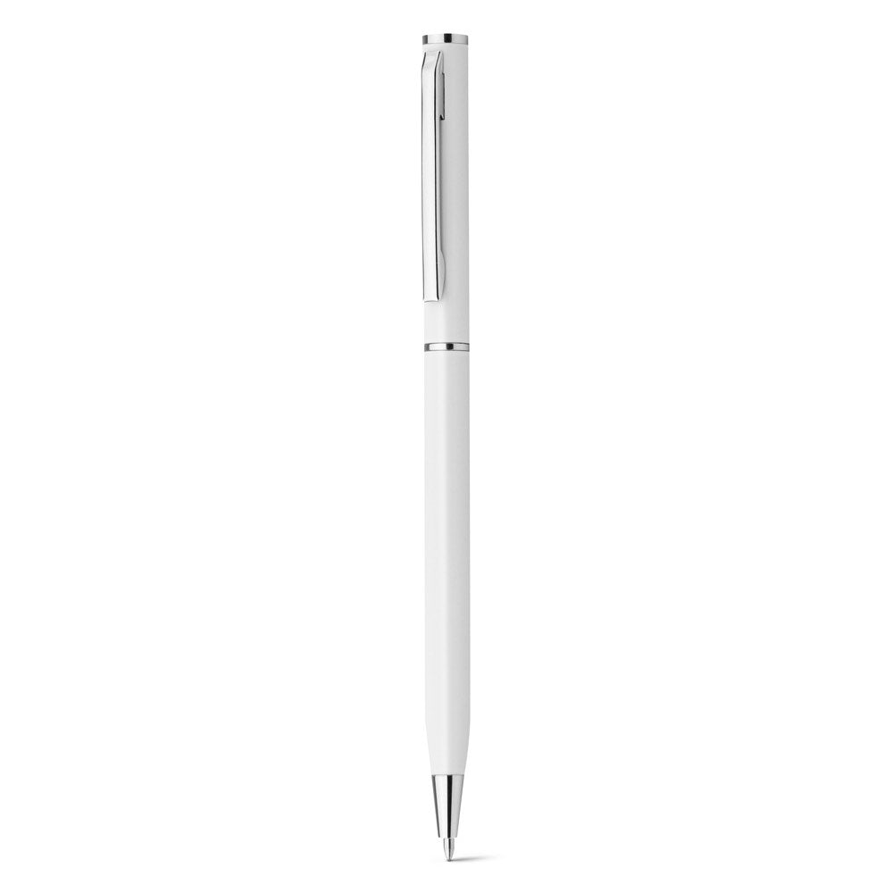 LESLEY METALLIC promotional pen in white (detail view) with custom logo branding