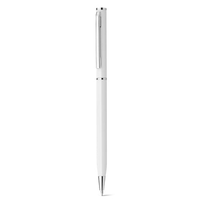 LESLEY METALLIC promotional pen in white (detail view) with custom logo branding