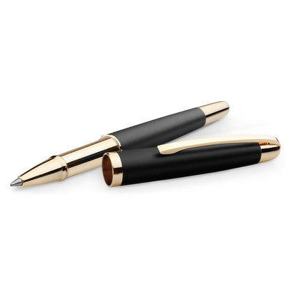 EZEKIEL ROLLER promotional pen in black (detail view) with custom logo branding