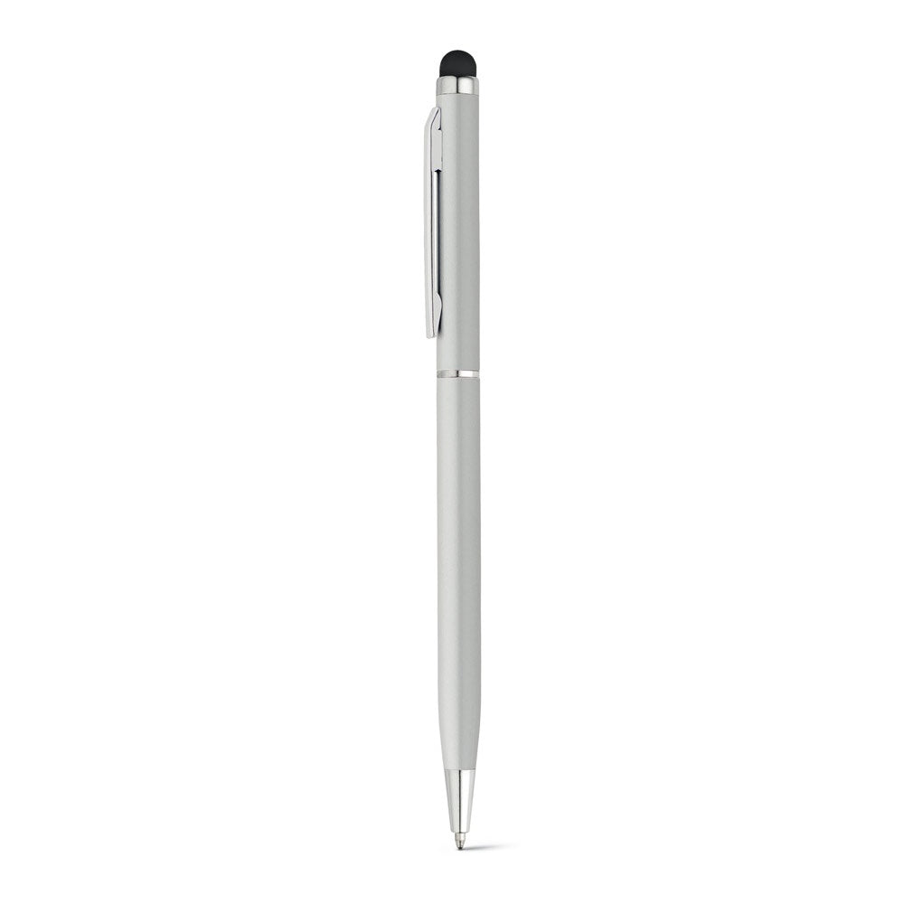 ZOE promotional pen in satin silver (detail view) with custom logo branding