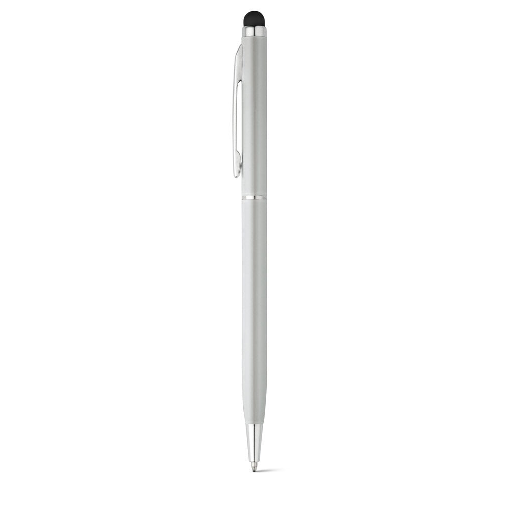 ZOE promotional pen in satin silver with custom logo branding