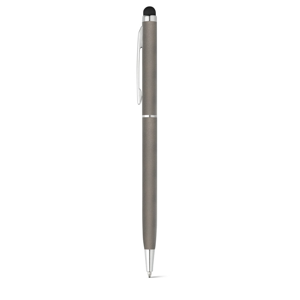 ZOE promotional pen in gun metal with custom logo branding