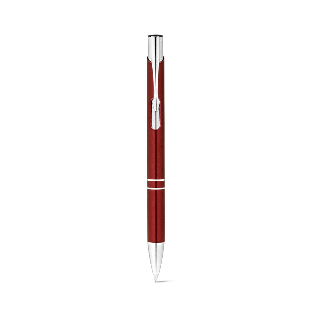 RE-BETA promotional pen in burgundy (detail view) with custom logo branding
