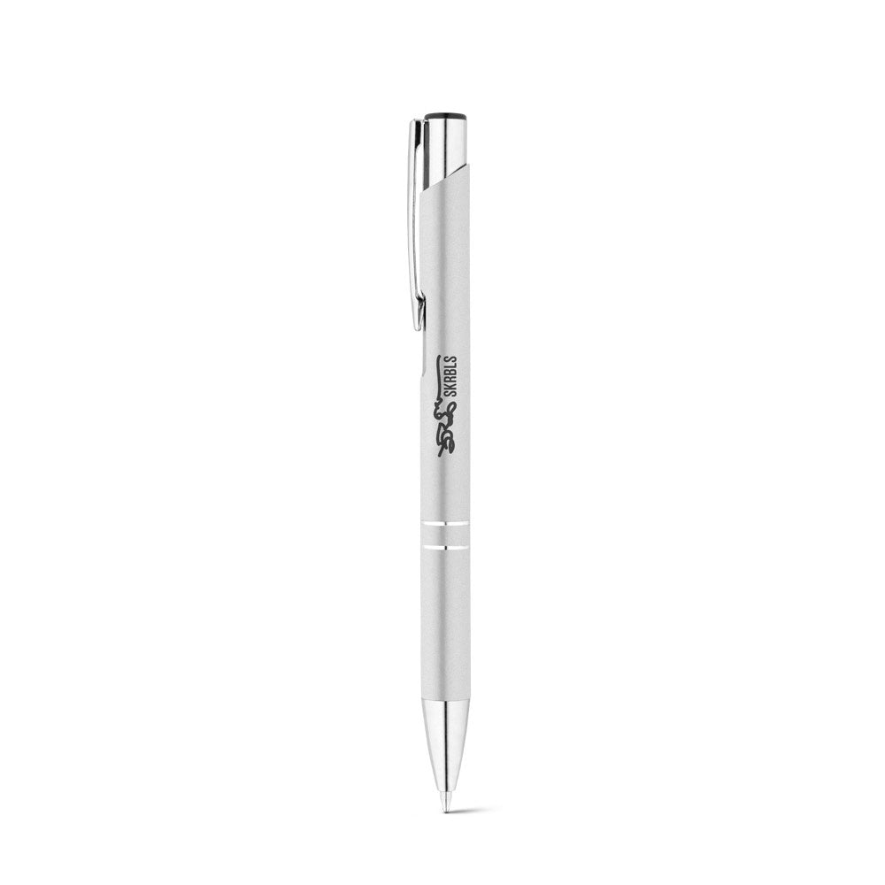 RE-BETA promotional pen in satin silver with custom logo branding
