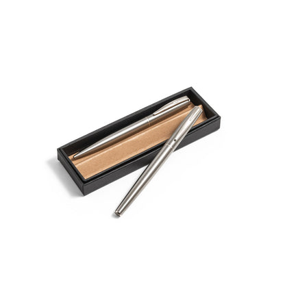 ELLA promotional writing set in satin silver (detail view) with custom logo branding