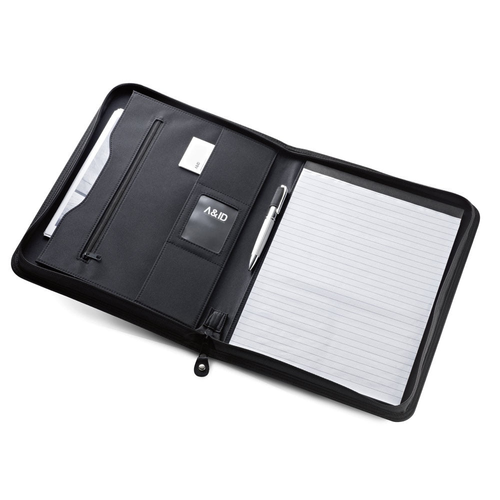 PASZO promotional document folder in black (detail view) with custom logo branding