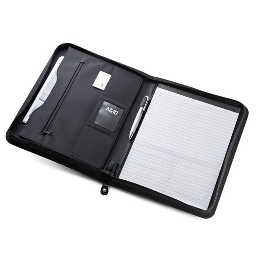 PASZO promotional document folder in black (detail view) with custom logo branding