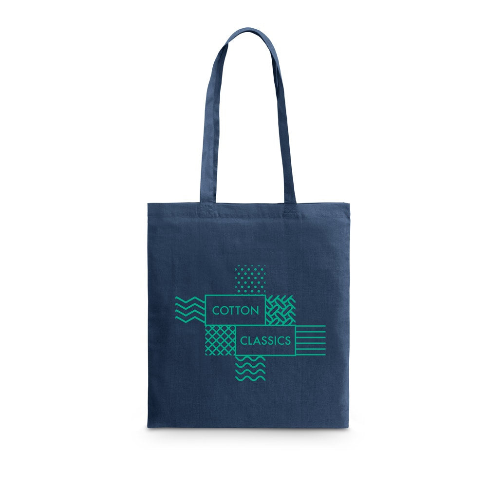 CARACAS promotional tote bag in navy blue with custom logo branding