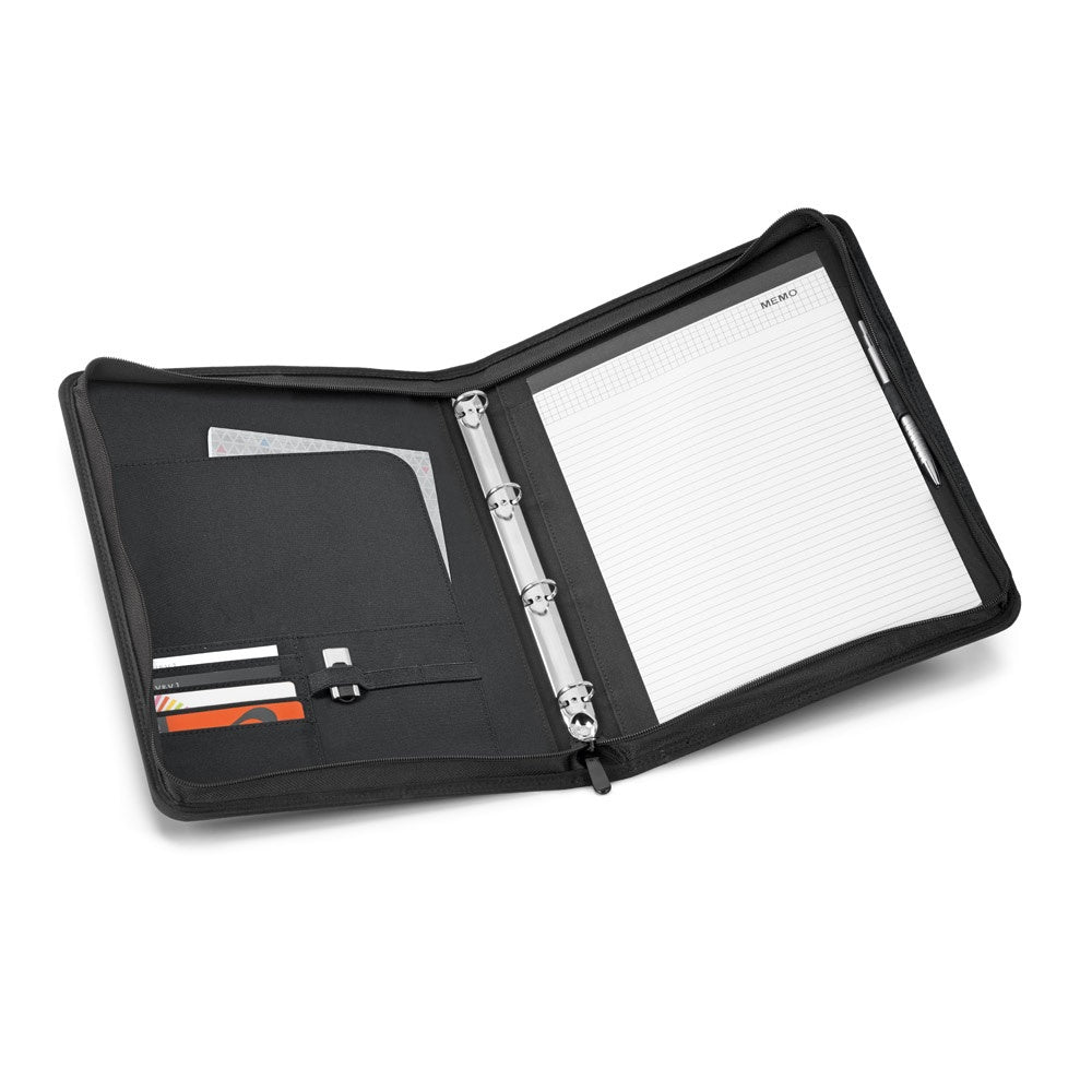 AUSTER promotional document folder in light grey (detail view) with custom logo branding
