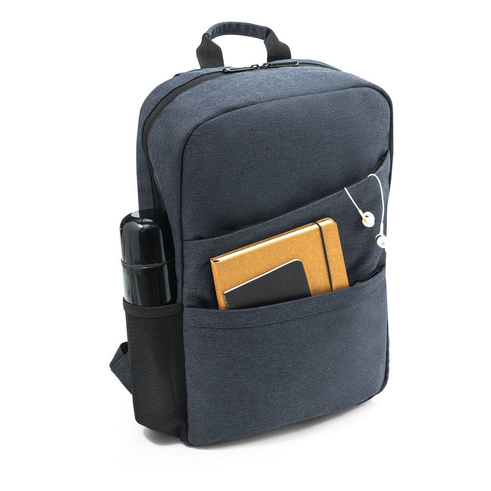 REPURPOSE BACKPACK promotional laptop bag in blue (detail view) with custom logo branding