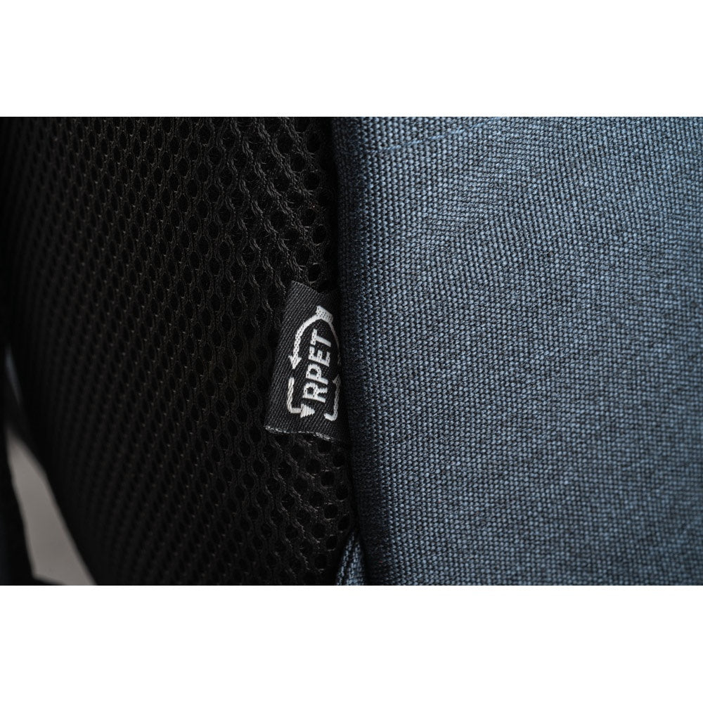 REPURPOSE BACKPACK promotional laptop bag in blue (detail view) with custom logo branding