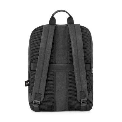 REPURPOSE BACKPACK promotional laptop bag in dark grey (detail view) with custom logo branding