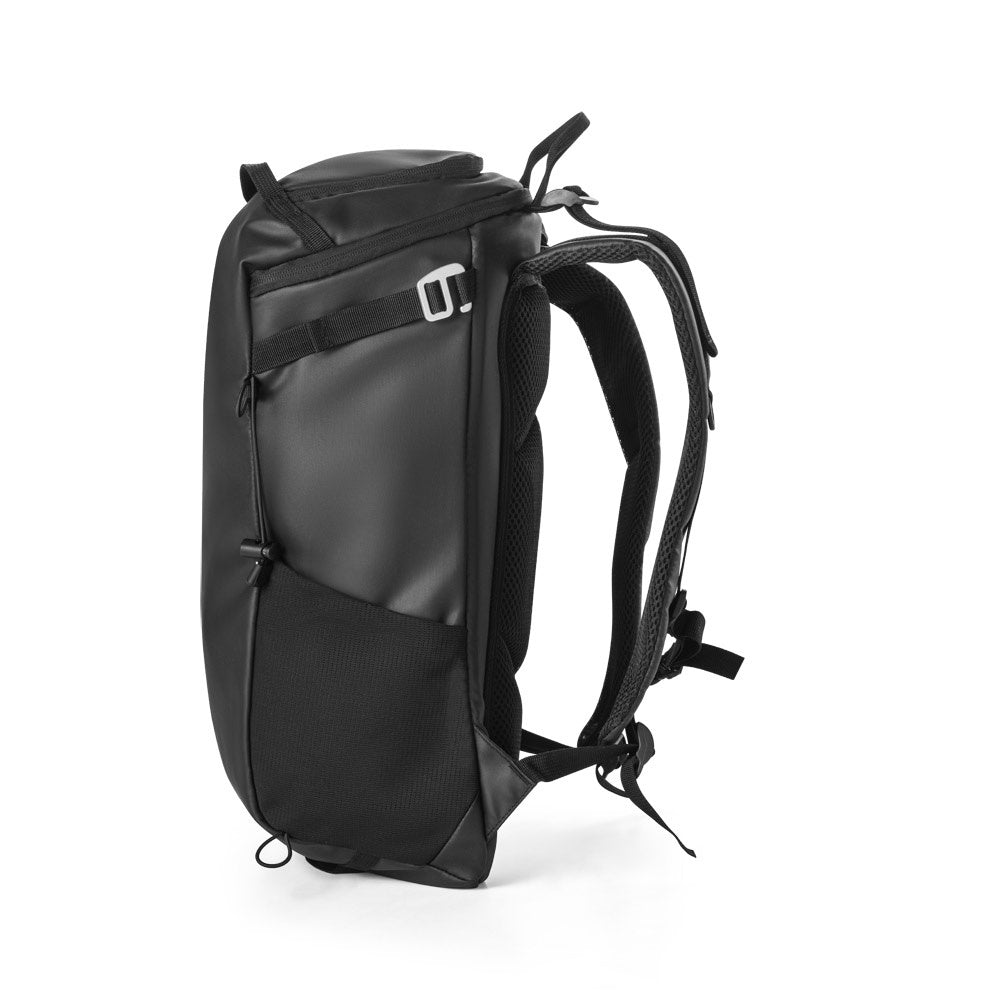 ALASCA promotional backpack in black (detail view) with custom logo branding