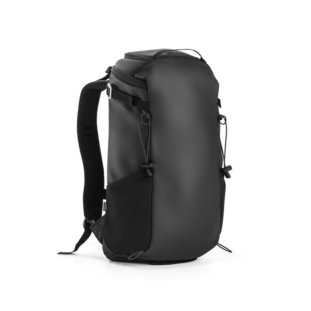 ALASCA promotional backpack in black (detail view) with custom logo branding