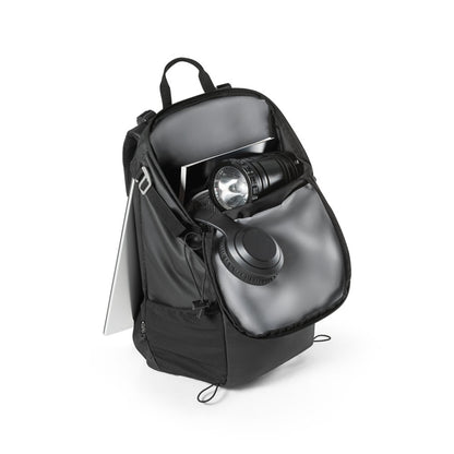 ALASCA promotional backpack in black (detail view) with custom logo branding