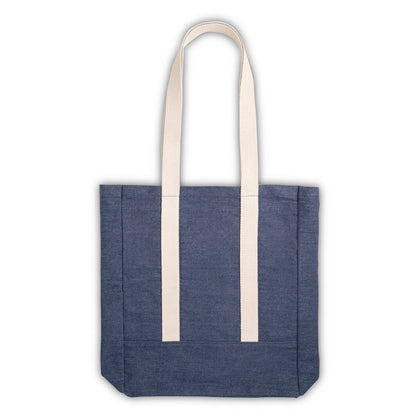 DENIM CASUAL promotional travel bag in blue (detail view) with custom logo branding