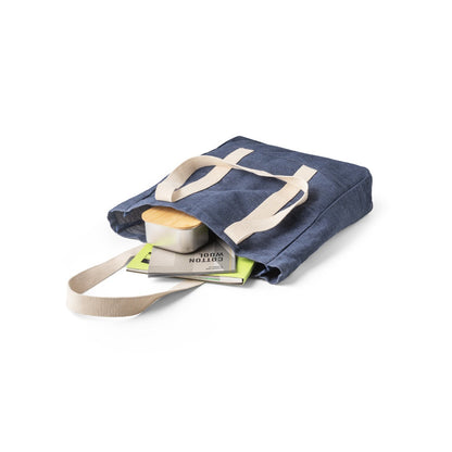 DENIM CASUAL promotional travel bag in blue (detail view) with custom logo branding