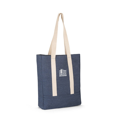 DENIM CASUAL promotional travel bag in blue with custom logo branding