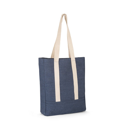 DENIM CASUAL promotional travel bag in blue with custom logo branding