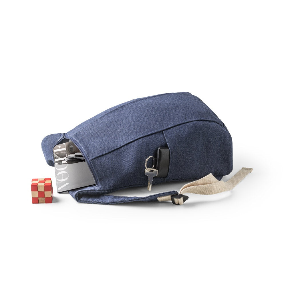 DENIM BPACK promotional backpack in blue (detail view) with custom logo branding
