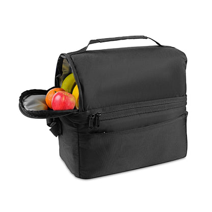 ZIPPERS COOLER promotional cooler bag in black (detail view) with custom logo branding