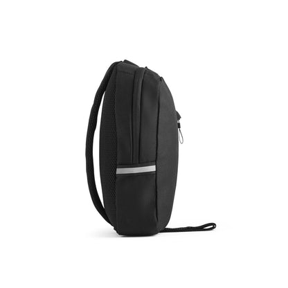 DELFOS promotional travel bag in black (detail view) with custom logo branding