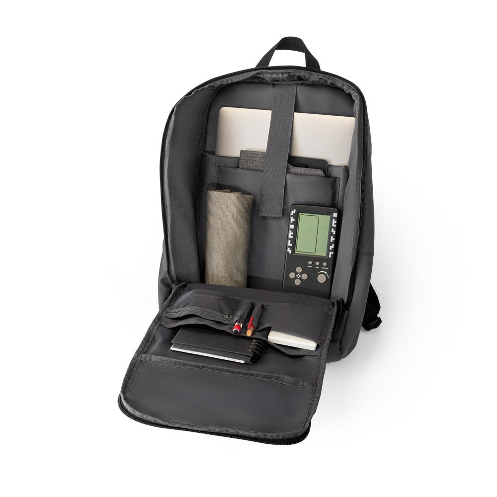 TOULON promotional laptop bag in black (detail view) with custom logo branding