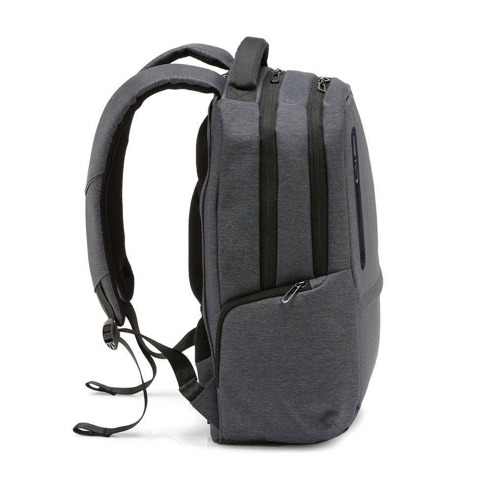 RE-BOSTON promotional laptop bag in dark grey (detail view) with custom logo branding