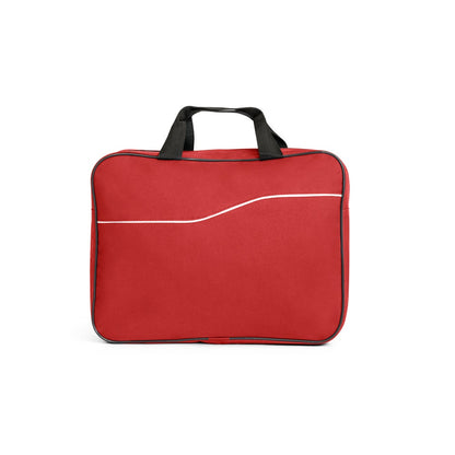 DOHA promotional document folder in red (detail view) with custom logo branding