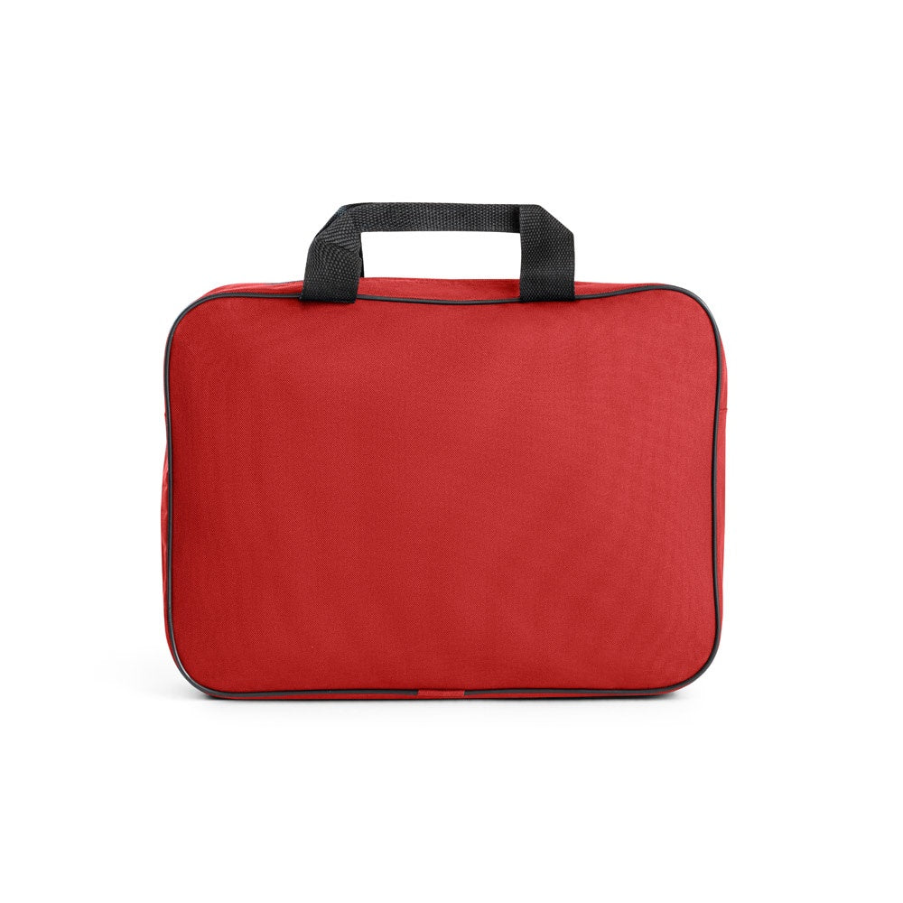 DOHA promotional document folder in red (detail view) with custom logo branding