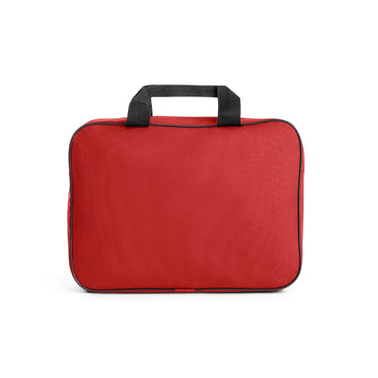 DOHA promotional document folder in red (detail view) with custom logo branding