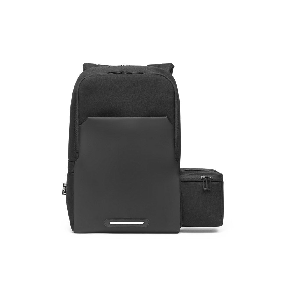 BELFAST promotional backpack in black (detail view) with custom logo branding