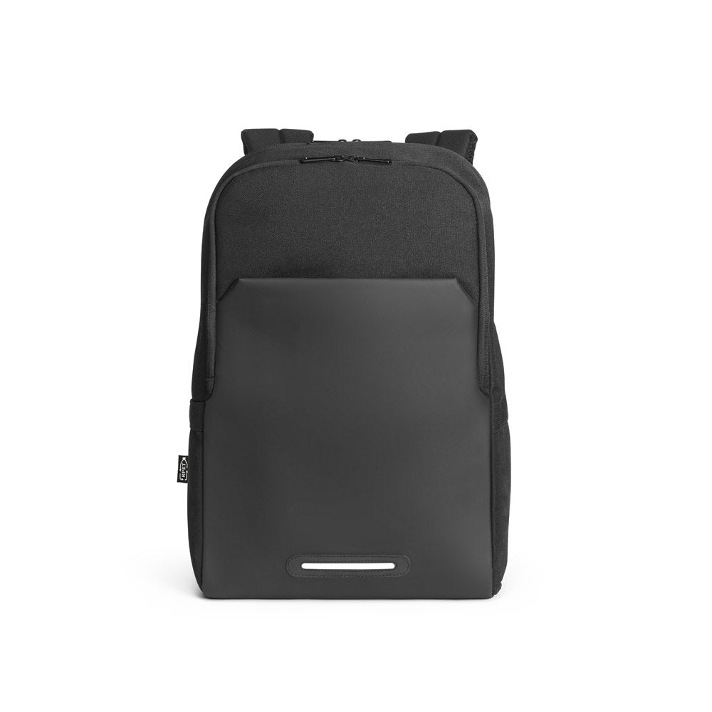 BELFAST promotional backpack in black (detail view) with custom logo branding