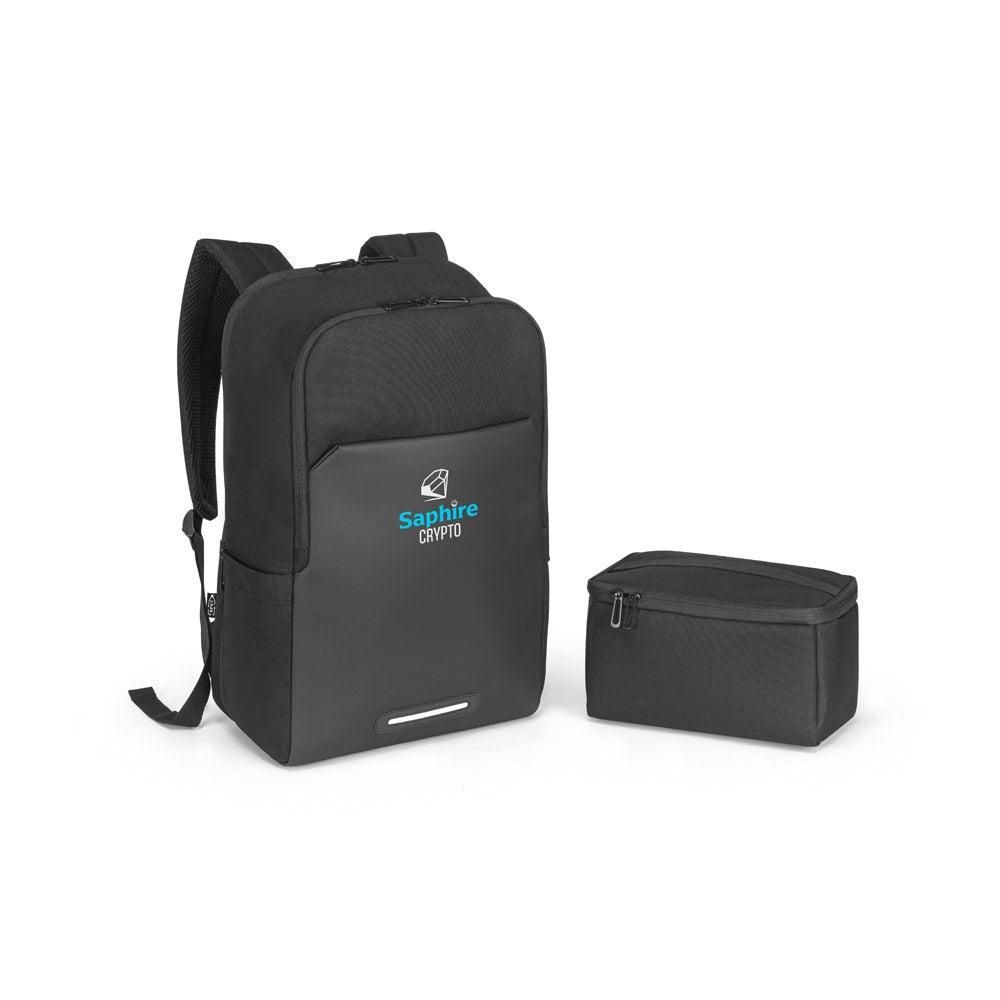 BELFAST promotional backpack in black with custom logo branding