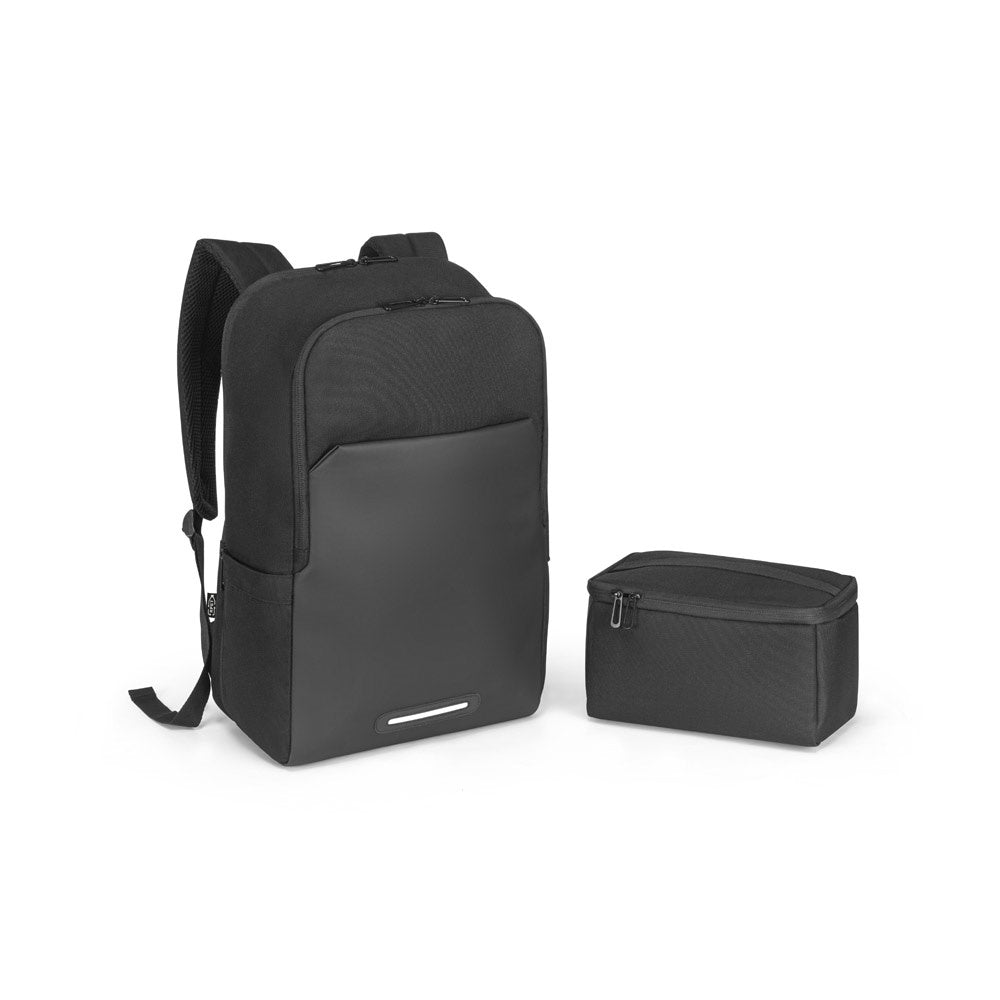 BELFAST promotional backpack in black (detail view) with custom logo branding