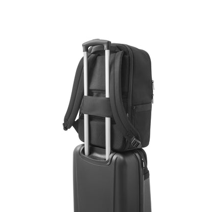 BELFAST promotional backpack in black (detail view) with custom logo branding