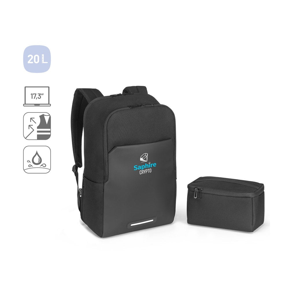 BELFAST promotional backpack (complete set view) with custom logo branding