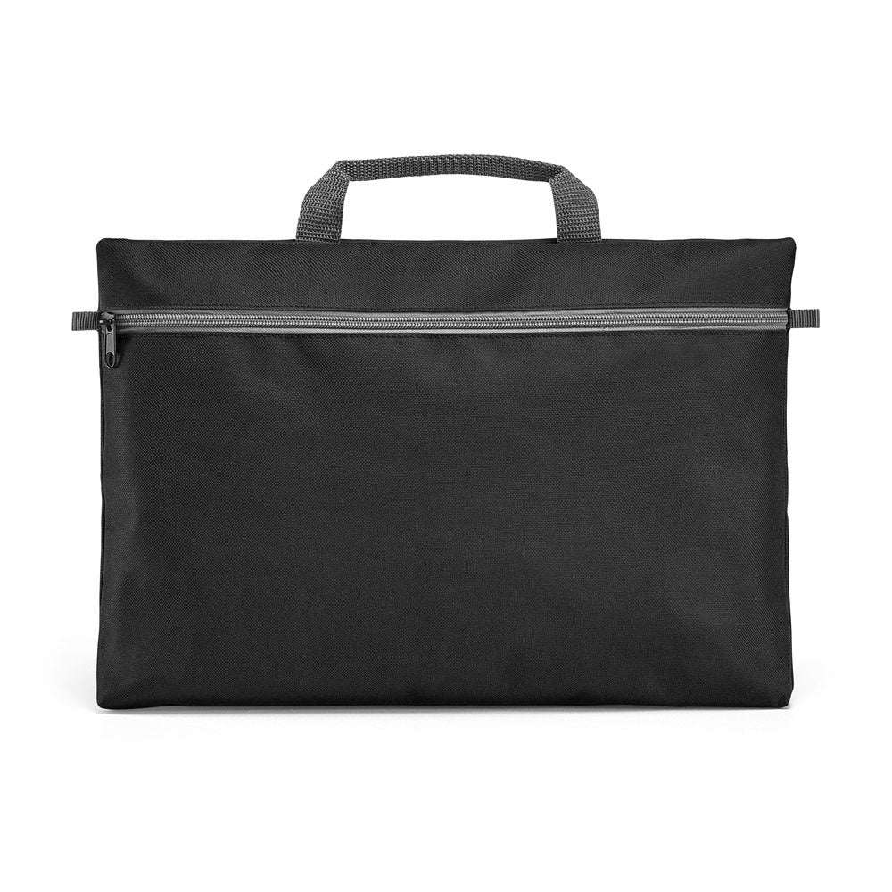 MILO promotional document folder in black (detail view) with custom logo branding