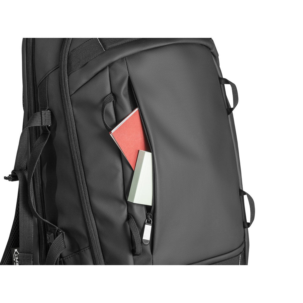 KAMPALA promotional laptop bag in black (detail view) with custom logo branding