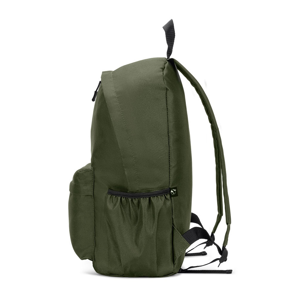 ROSARIO promotional backpack in dark green (detail view) with custom logo branding