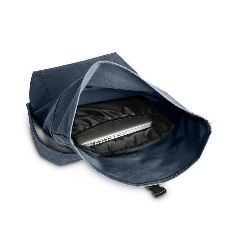 ATENAS promotional laptop bag in blue (detail view) with custom logo branding