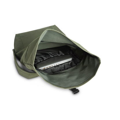 ATENAS promotional laptop bag in dark green (detail view) with custom logo branding
