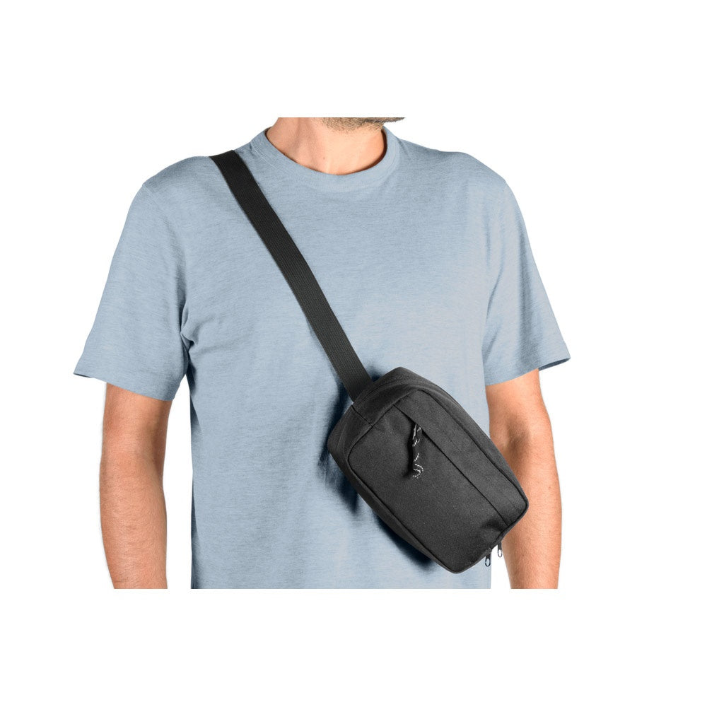 MYKONOS promotional travel bag in black (detail view) with custom logo branding