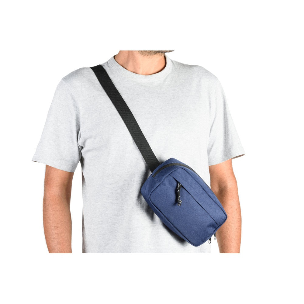 MYKONOS promotional travel bag in blue (detail view) with custom logo branding