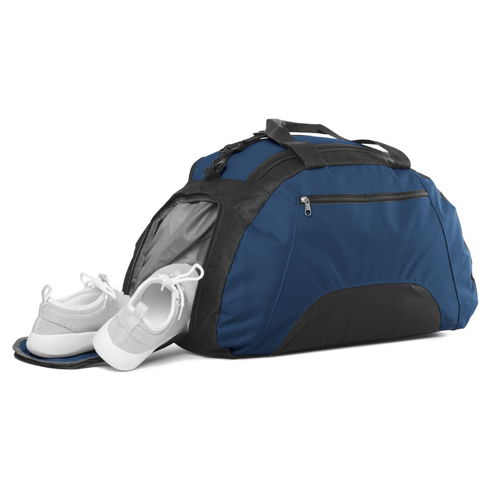 FIT promotional sports bag in blue (detail view) with custom logo branding