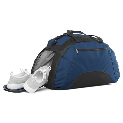 FIT promotional sports bag in blue (detail view) with custom logo branding