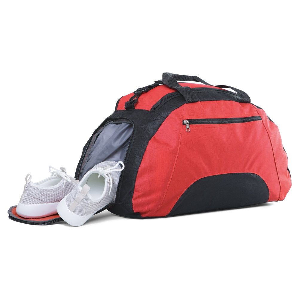 FIT promotional sports bag in red (detail view) with custom logo branding