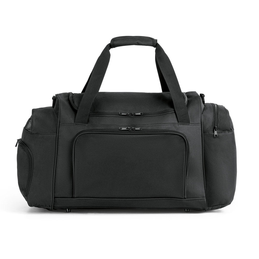 GIRALDO promotional sports bag in black (detail view) with custom logo branding