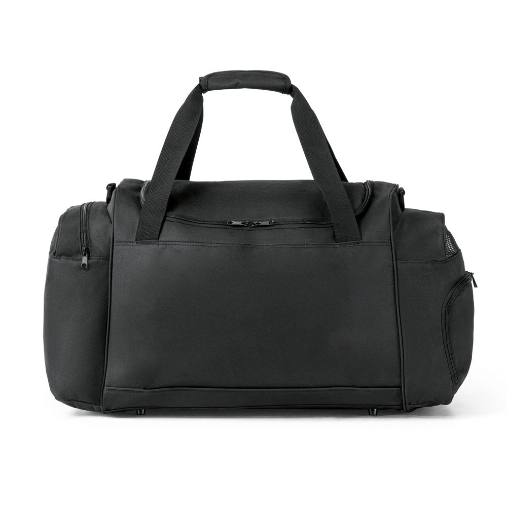 GIRALDO promotional sports bag in black (detail view) with custom logo branding