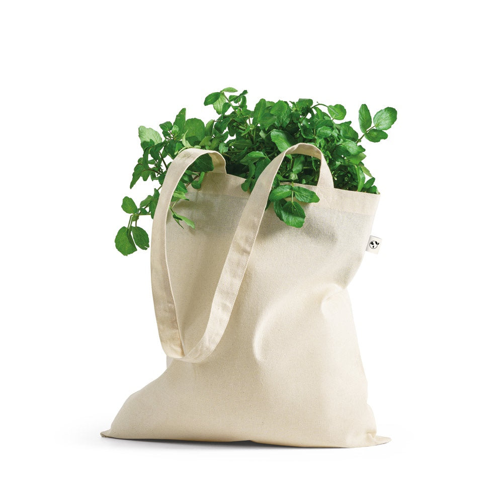LEON promotional tote bag in light natural (detail view) with custom logo branding